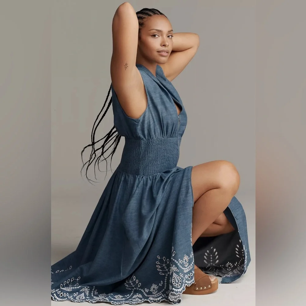 NWT! Anthropologie The Tommie Denim Eyelet Trim Dress - Size XS 5️⃣ - Picture 5 of 9